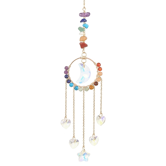 Décoration pendentif coeur/étoile/lune en verre, attrape-soleil suspendus, avec anneau en laiton et perles de pierres précieuses chakra