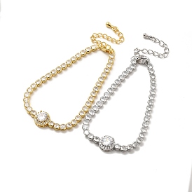 Bracelet à maillons ronds plats avec zircons cubiques transparents et chaînes de tennis, bijoux en laiton pour femmes