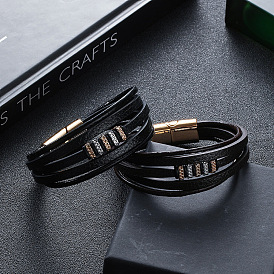 Retro Imitation Leather Multi-strand Bracelet, Hip-Hop Style Beaded Bracelet with Alloy Magnetic Buckle