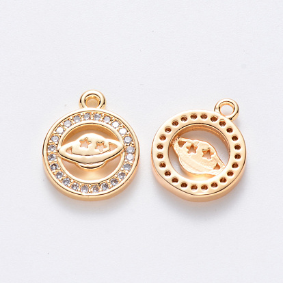 Brass Micro Pave Cubic Zirconia Charms, Nickel Free, Flat Round with Planet, Real 18K Gold Plated