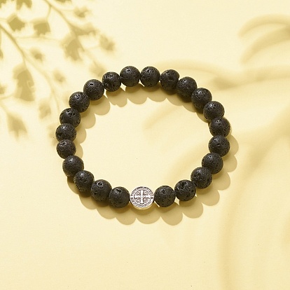 Bracelet extensible en pierre de lave naturelle avec pièce de monnaie en croix en alliage, bijoux de pierres précieuses d'huile essentielle pour les femmes