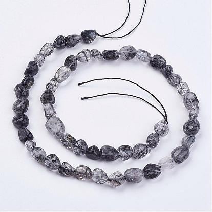 Naturales negras perlas de cuarzo rutilado hebras, piedra caída, pepitas