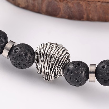 Natural Lava Rock Stretch Bracelets, with Lion Alloy Beads and Brass Findings, 59mm