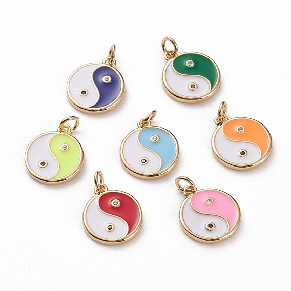 Brass Micro Pave Clear Cubic Zirconia Pendants, with Enamel & Jump Rings, Flat Round with Yin Yang, Real 18K Gold Plated