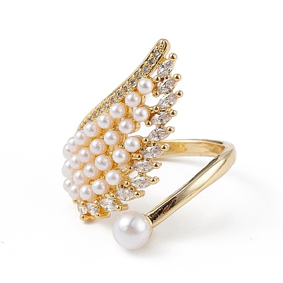Clear Cubic Zirconia Wing Open Cuff Ring with Plastic Pearl Beaded, Rack Plating Brass Jewelry for Women, Lead Free & Cadmium Free
