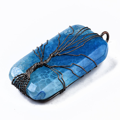 Natural Crackle Agate Big Pendants, Red Copper Copper Wire Wrapped Pendants, Dyed, Rectangle