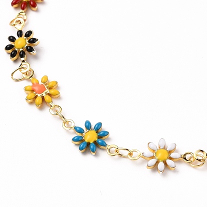 Golden Brass Flower Enamel Links Anklets, with Brass Curb Chains & Lobster Claw Clasps
