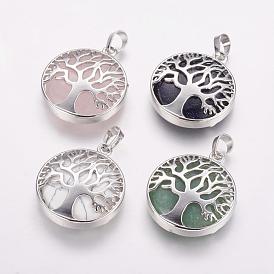 Gemstone Pendants, with Brass Findings, Platinum, Flat Round with Tree