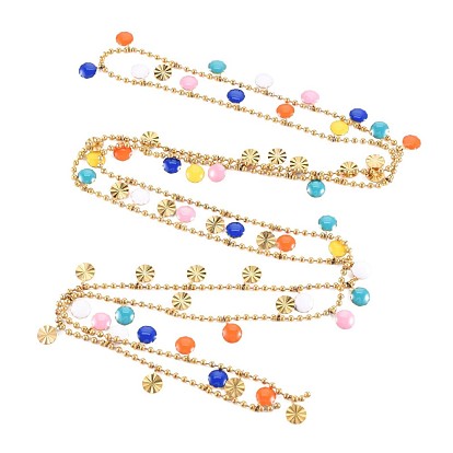 304 Stainless Steel Ball Chains, with Flat Round Enamel Charm, Real 18K Gold Plated