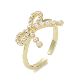 Brass Micro Pave Cubic Zirconia Open Cuff Ring, Bowknot with ABS Imitation Pearl