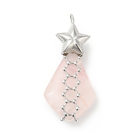 Natural Rose Quartz Pendants, Teardrop Charm, with Stainless Steel Color Plated 304 Stainless Steel Star Findings