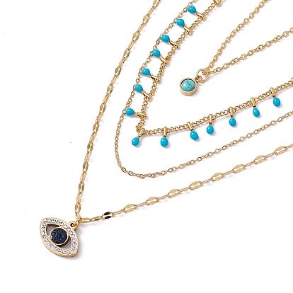 Pendentifs oeil de cheval turquoise et strass synthétiques collier multicouche avec perles en plastique, 304 collier bohème en acier inoxydable pour femme