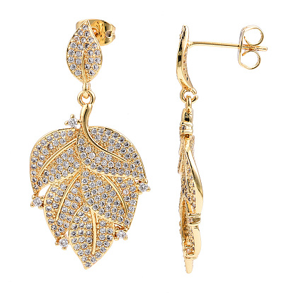 Boucles d'oreilles pendantes feuille d'érable avec zircone cubique transparente, bijoux en laiton pour femmes
