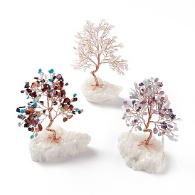 Éclats de pierres précieuses naturelles et décorations d'affichage de piédestal en cristal de quartz naturel, avec fils de laiton plaqué or rose, arbre chanceux