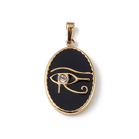 Ion Plating(IP) 304 Stainless Steel with Crystal Rhinestone Pendant with Black Enamel Pendants, Oval with Eye of Ra/Re Charms
