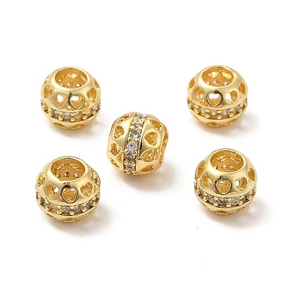 Perles de style européen en laiton creux micro pavé de zircone cubique transparente, Perles avec un grand trou   , ronde