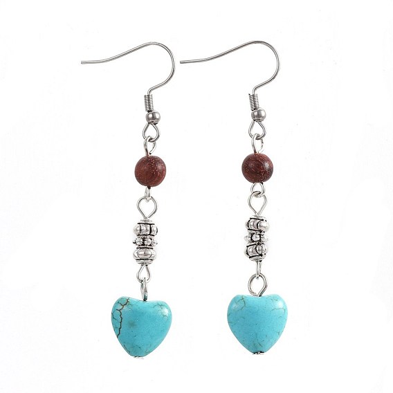 Synthetic Turquoise Dangle Earrings, with Natural Sandalwood and Alloy Beads, 304 Stainless Steel Earring Hooks, Heart