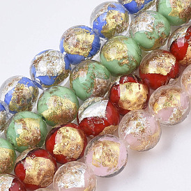 Cordes de perles de lampwork en sable dorées faites à la main, moitié feuille d'argent et moitié feuille d'or, ronde