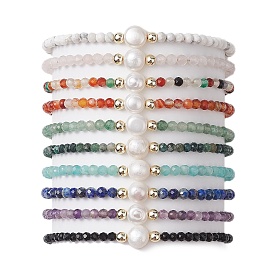 10Pcs 10 Style Faceted Round Natural & Synthetic Mixed Gemstone Beaded Stretch Bracelets Set, Stackable Bracelets with Natural Pearl