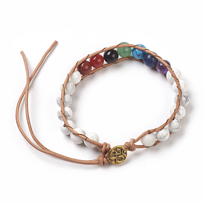 Natural Gemstone Cord Beaded Bracelets, Natural & Synthetic Mixed Stone, with Leather Cord and Alloy Clasps, Ohm, Antique Golden