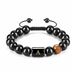 Natürliches schwarzes Achat-Perlenarmband, verstellbarer handgefertigter Alphabet-Steinstrang-Schmuck für Damen