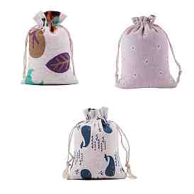 Bolsas de almacenamiento de lino, bolsa de embalaje de bolsas con cordón, rectángulo con patrón de flor/ballena/hoja