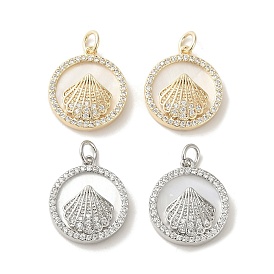 Brass Micro Pave Cubic Zirconia Pendants, with Shell, Flat Round with Shell