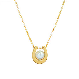 Vintage French U-shaped Pearl Pendant Necklace - Minimalist Luxury in 18K Gold Plated Titanium Steel