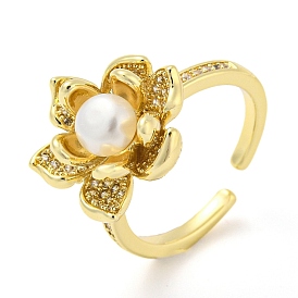 Natural Pearl Lotus Open Cuff Ring with Rhinestone, Brass Finger Ring