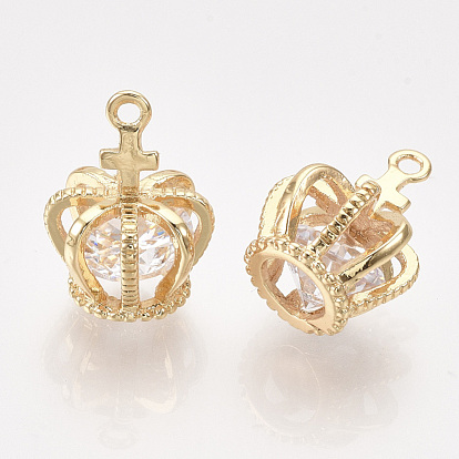 Brass Cubic Zirconia Pendants, Crown, Clear, Real 18K Gold Plated