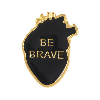Creative Zinc Alloy Brooches, Enamel Lapel Pin, with Iron Butterfly Clutches or Rubber Clutches, Anatomical Heart Shape with Word Be Brave, Golden