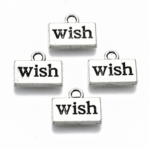 Tibetan Style Alloy Charms, Rectangle with Word Wish, Cadmium Free & Lead Free