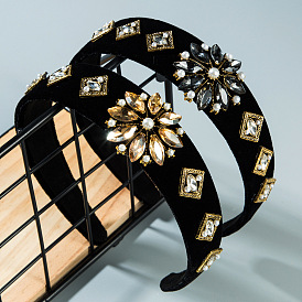 Сверкающий черный бархатный ободок с бриллиантовыми цветами для модной укладки волос