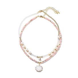 2 pcs 2 ensemble de colliers de perles d'opale rose naturelle et d'opalite de style, colliers à breloques en forme de larme et de coquillages en zircone cubique transparente pour femmes