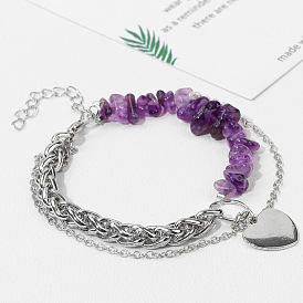 Bracelet avec pendentif en forme de cœur d'amour, double couche de perles en pierre naturelle, pour couples