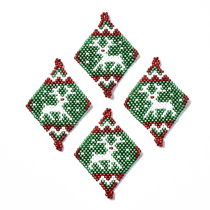Cuentas de semillas japonesas miyuki & toho, Enlaces hechos a mano, rombo con renos navideños / patrón de telar de ciervo