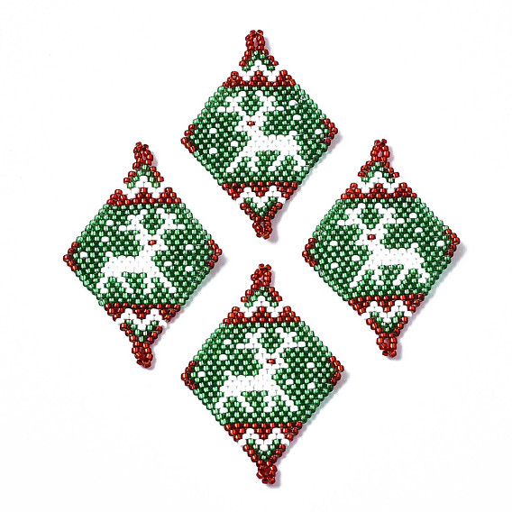 Cuentas de semillas japonesas miyuki & toho, Enlaces hechos a mano, rombo con renos navideños / patrón de telar de ciervo