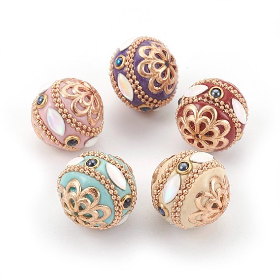 Perles Indonésiennes manuelles, avec les accessoires en métal, ronde avec des fleurs, or et de lumière