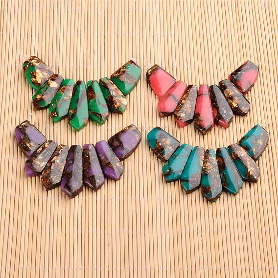 Assembled Dyed Synthetic Imperial Jasper and Bronzite Pendants, Graduated Fan, Faceted, 20~45x15~26x6~7mm, Hole: 2mm, 7pcs/set