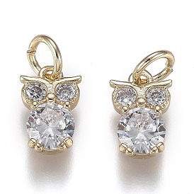 Brass Micro Pave Clear Cubic Zirconia Pendants, Long-Lasting Plated, with Jump Rings, Owl Shape