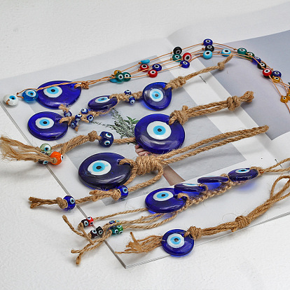 Decoraciones colgantes de cristal mal de ojo, Adorno colgante de cuerda de cáñamo con borlas, azul real