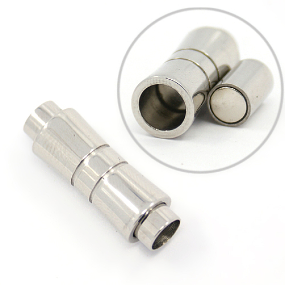 Smooth 304 Stainless Steel Magnetic Clasps with Glue-in Ends, Column, 25x8.5mm, Hole: 5mm
