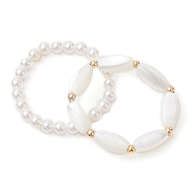 2Pcs 2 Style Shell Pearl Round & Oval Beaded Stretch Rings Set, Stackable Rings with Brass Beaded