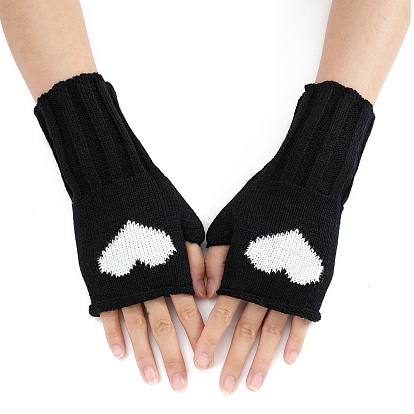 Acrylic Fiber Yarn Knitting Fingerless Gloves, Two Tone Heart Pattern Winter Warm Gloves with Thumb Hole