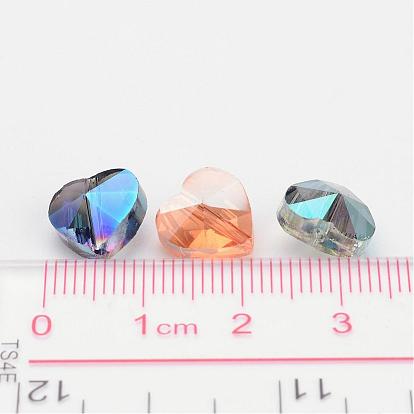 Abalorios de vidrio electrochapado de corazón facetados, medio arco iris chapado, 10x10x7 mm, agujero: 1 mm