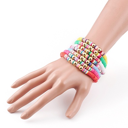7 ensemble de bracelets extensibles de perles heishi en argile polymère arc-en-ciel, bracelets empilables, avec perles rondes en laiton doré