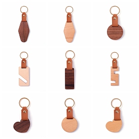 Wooden & Imitation Leather Pendant Keychain, with Iron Rings