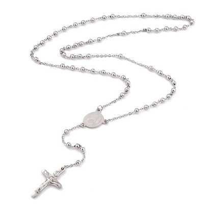 304 Stainless Steel Rosary Bead Necklaces For Easter, with Oval with Virgin Mary Link and Crucifix Cross Pendants
