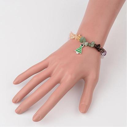 Arbre de noël pierres précieuses naturelles bracelets charme de perles d'enfants, avec un alliage strass pendentifs en émail, pour les enfants
