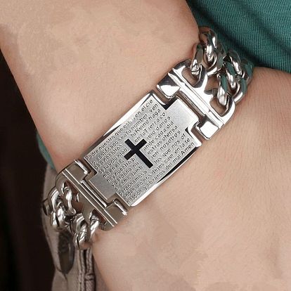 Rectángulo de acero de titanio con brazalete de eslabones de escritura sagrada para hombres y mujeres